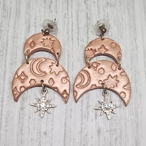 Rose Shiny Clay Handmade Celestial Earrings W Rhinestone Accents On Metal Star